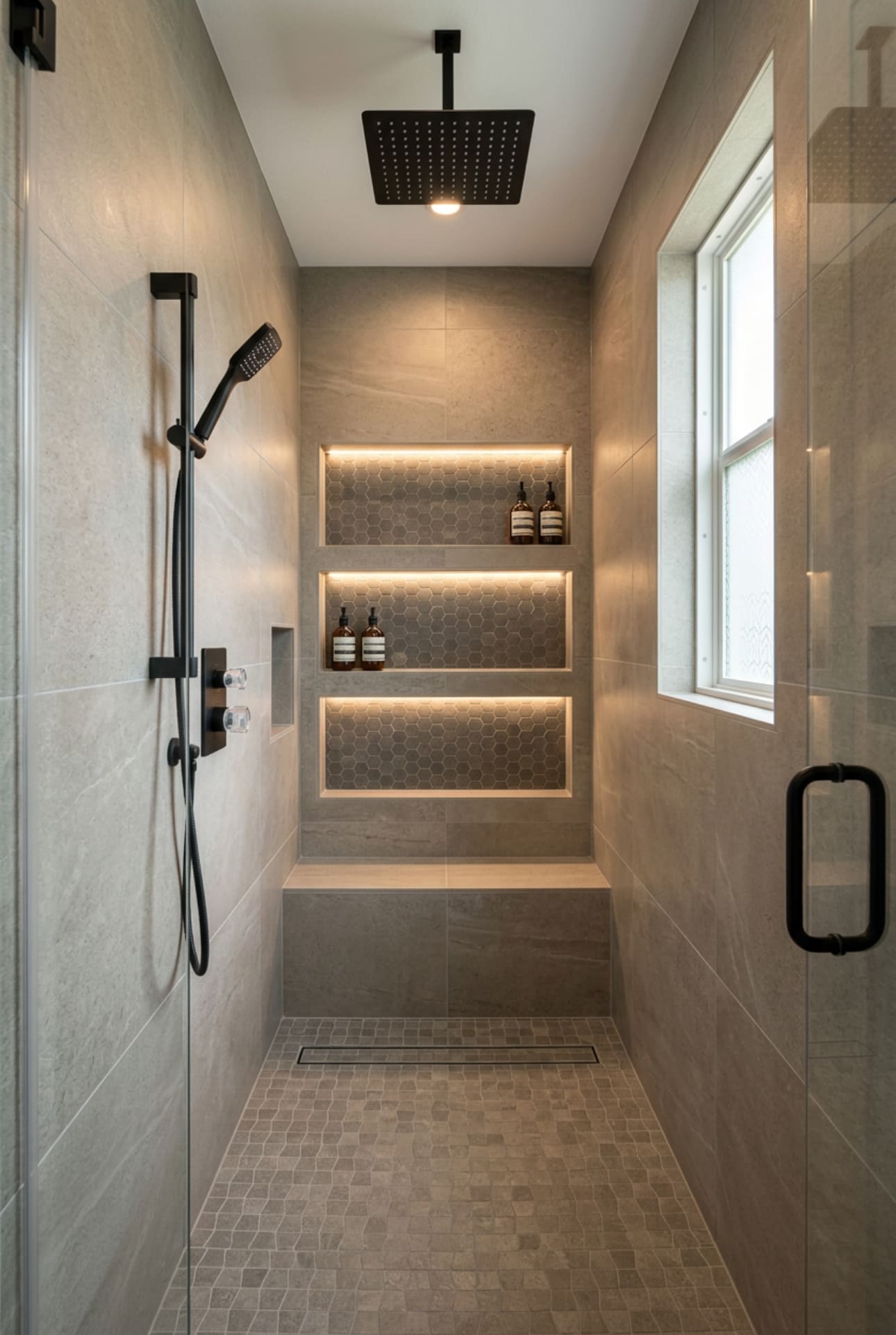 Custom walk-in shower with hexagon tile niches, built-in bench and matte black fixtures — REV Home Solutions