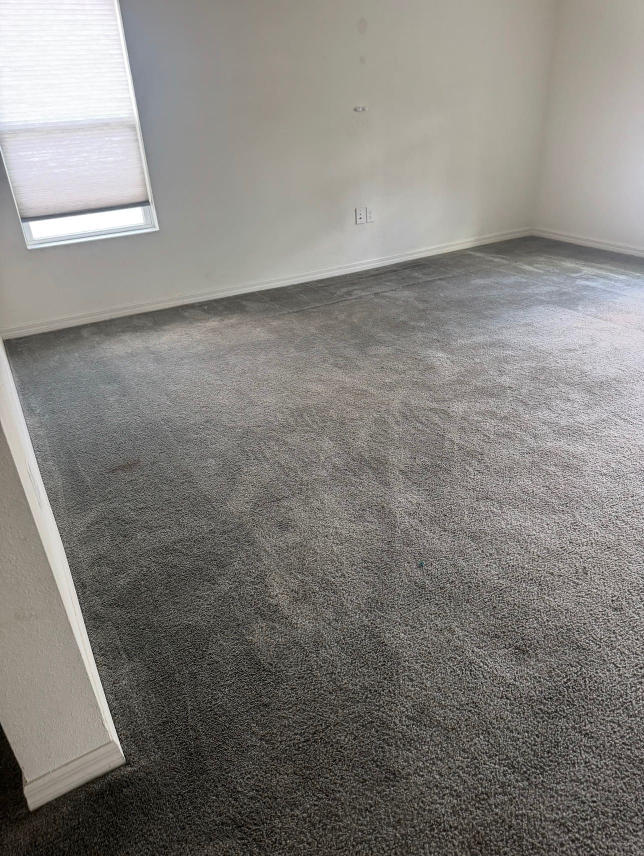 Flooring before installation — worn gray carpet