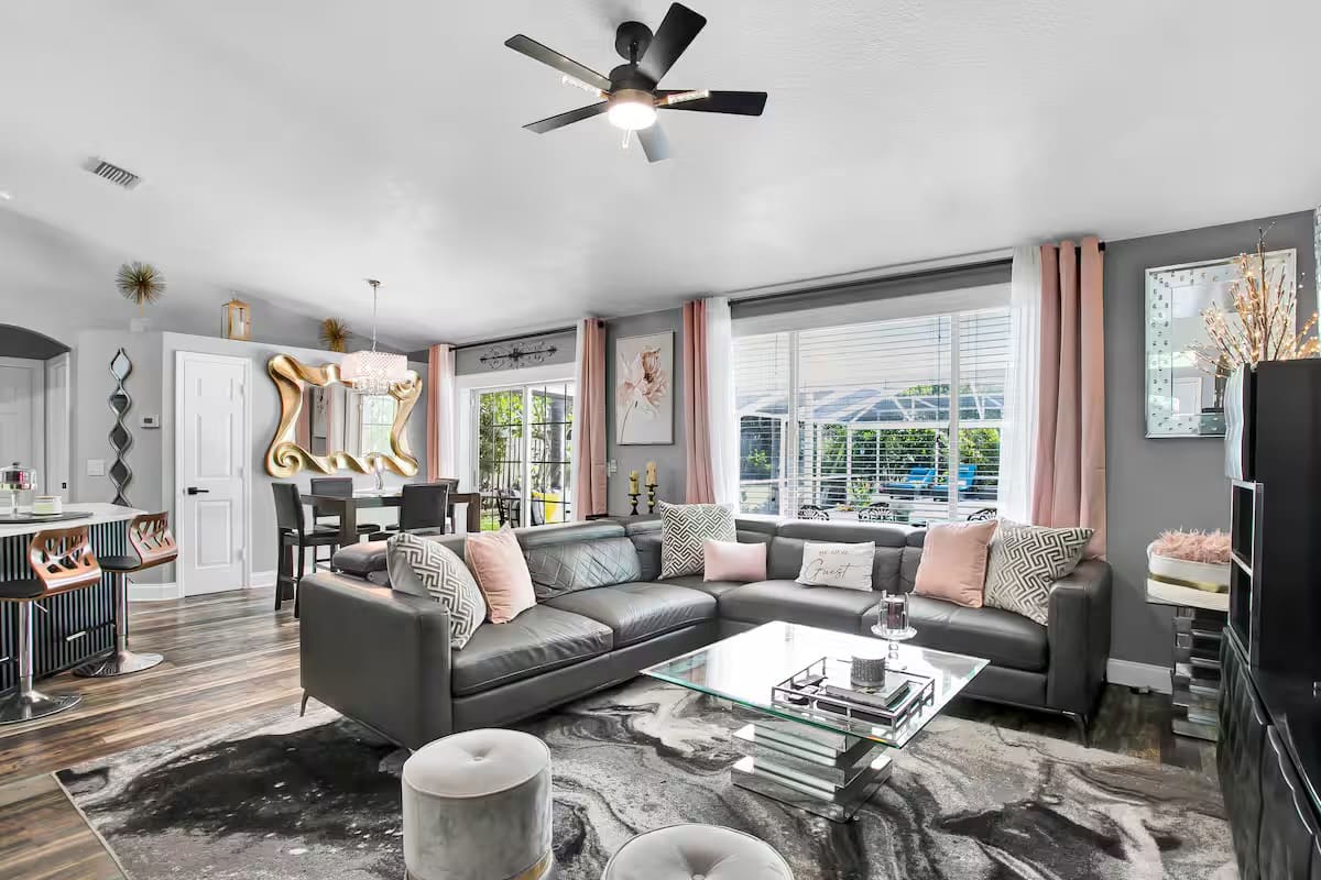 Staged short-term rental living room managed by REV Home Solutions